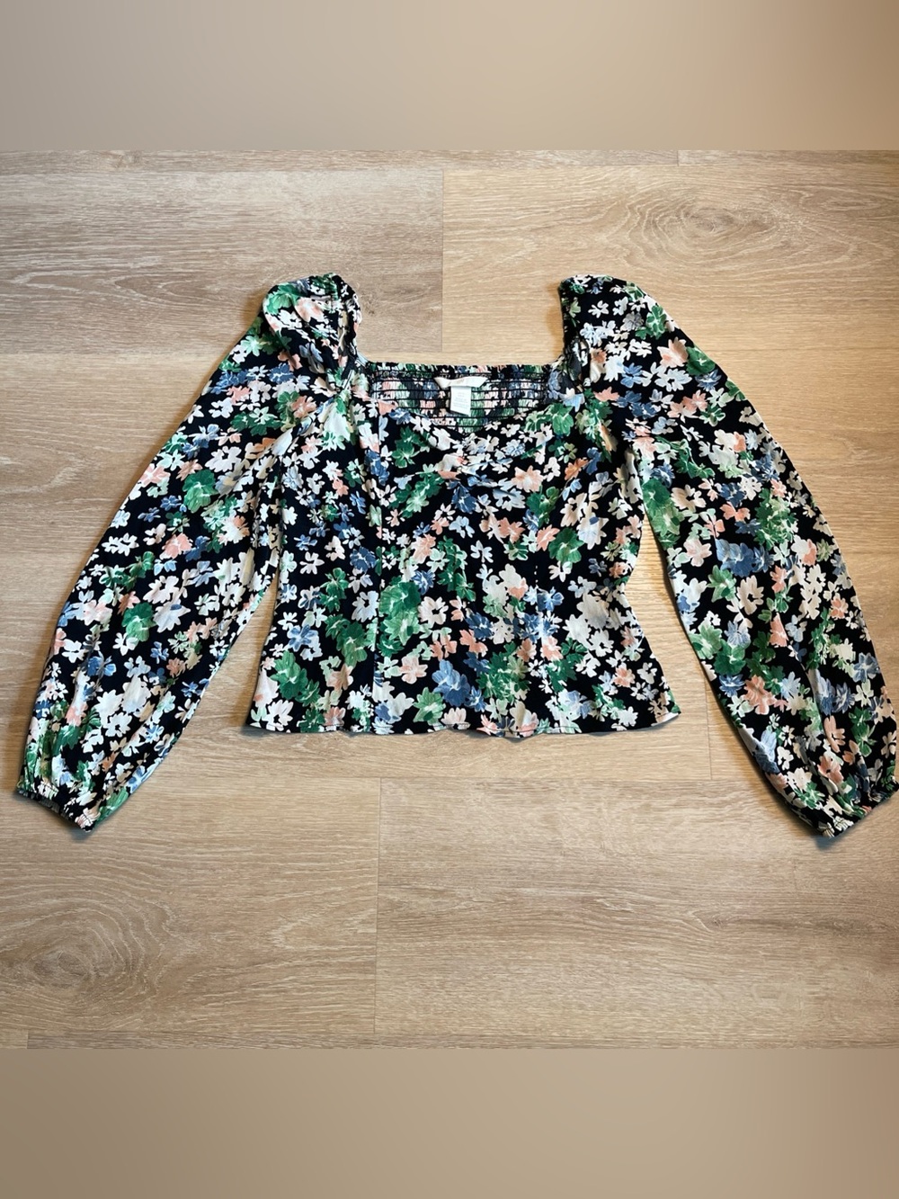 H&M Black Floral Print Puff Sleeve Blouse Shirt Fairy Whimsigoth Cottagecore - Picture 1 of 6